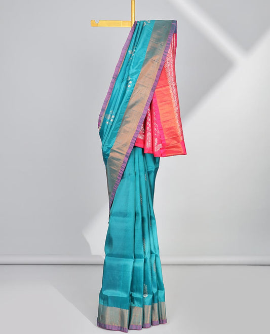 Blue zari buttas uppada saree, contrast plain border & pallu of intricate designs
