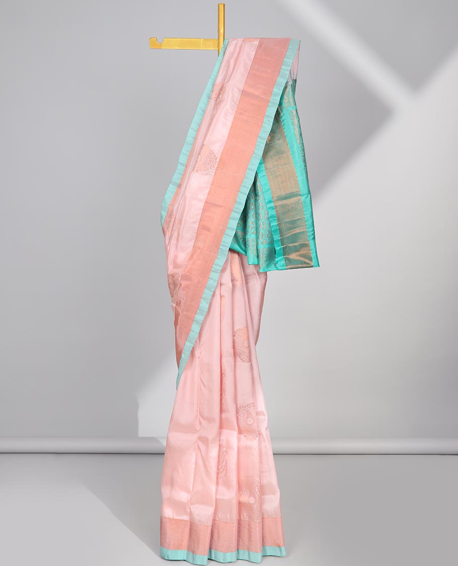 Cream zari buttas uppada saree, contrast plain border & pallu of intricate designs