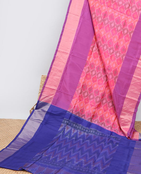 Pink ogee patterned uppada saree, plain border & contrast chevron striped ikkat pallu