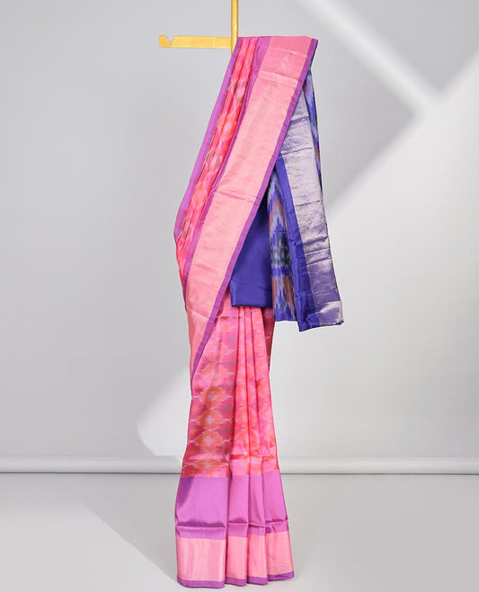 Pink ogee patterned uppada saree, plain border & contrast chevron striped ikkat pallu