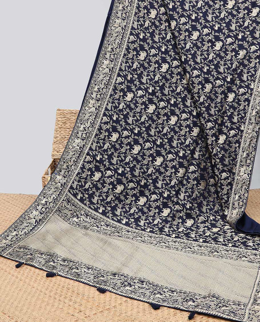 Blue floral & animal jacquard semi-banaras dola silk saree, floral & animal designs & chevron design pallu