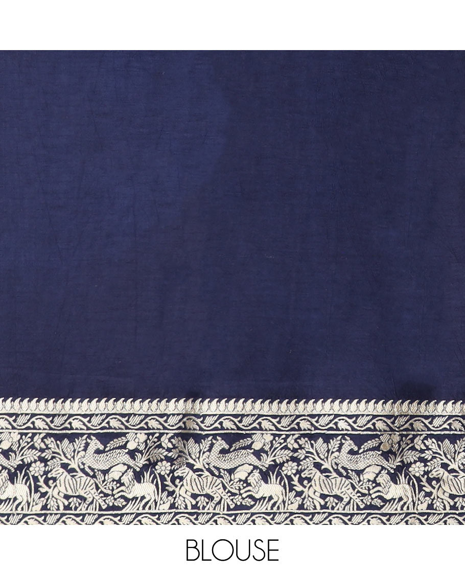 Blue floral & animal jacquard semi-banaras dola silk saree, floral & animal designs & chevron design pallu