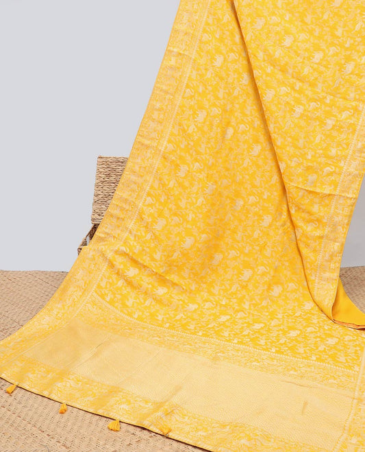 Yellow floral & animal jacquard semi-banaras dola silk saree, floral & animal designs & chevron design pallu