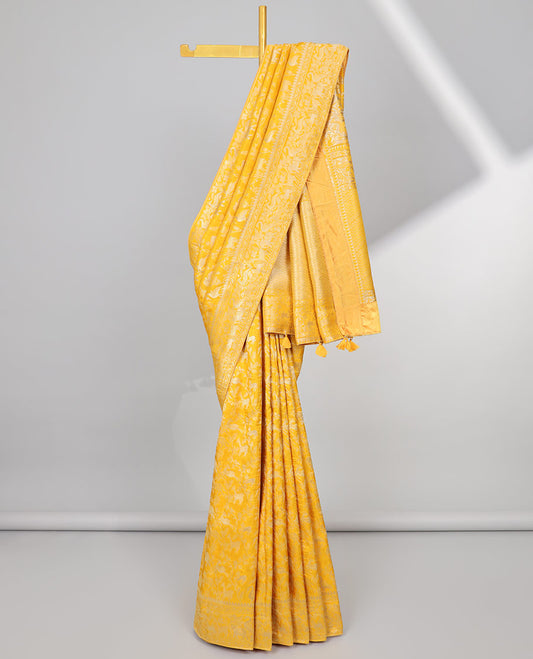 Yellow floral & animal jacquard semi-banaras dola silk saree, floral & animal designs & chevron design pallu