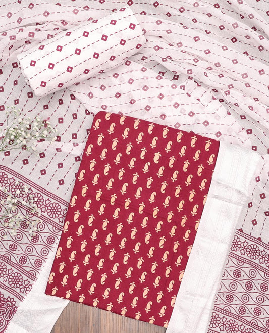 Maroon material chudidhar set, paisley printed cotton top, contrast printed bottom & dupatta