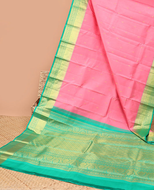 Pink zari buttas silk saree, contrast korvai border of traditional designs & pallu of rekku,poun,kodi visiry & jaal