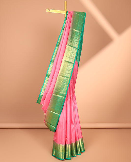 Pink zari buttas silk saree, contrast korvai border of traditional designs & pallu of rekku,poun,kodi visiry & jaal