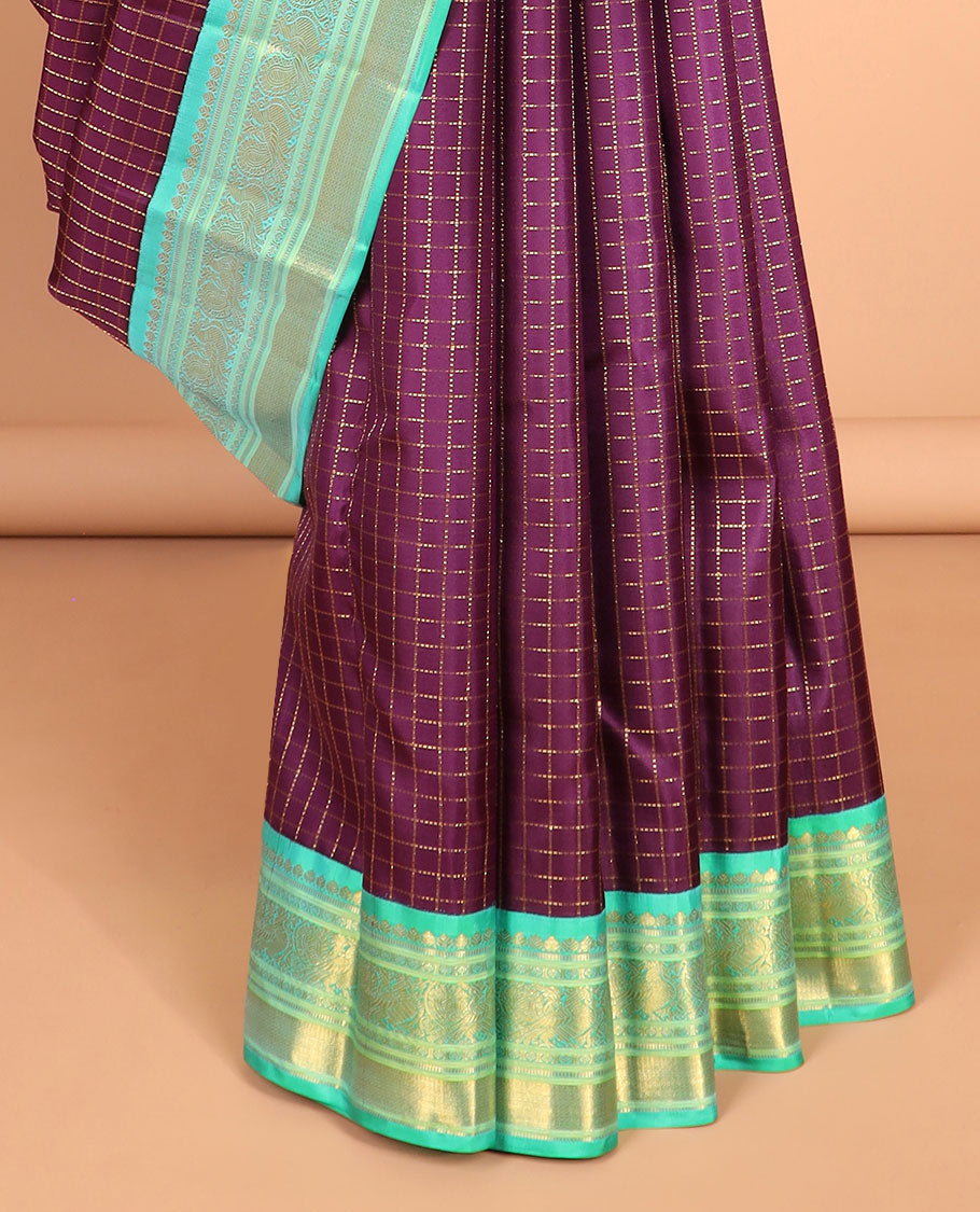 Purple checked silk saree, contrast korvai traditional zari design border & intricate pallu