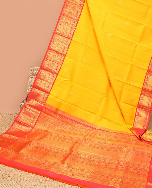 Yellow zari buttas silk saree, contrast korvai border of rekku, kodi visiry,kuthirai & yaali & intricate pallu