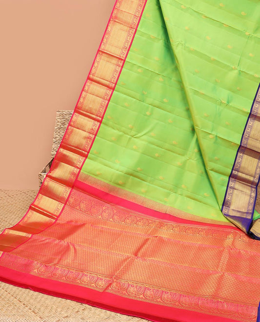 Green zari buttas silksaree,contrast jaal pallu & ganga jamuna border of rekku,mayil,yaanai & kuthirai