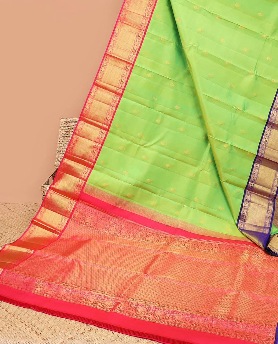 Green zari buttas silksaree,contrast jaal pallu & ganga jamuna border of rekku,mayil,yaanai & kuthirai