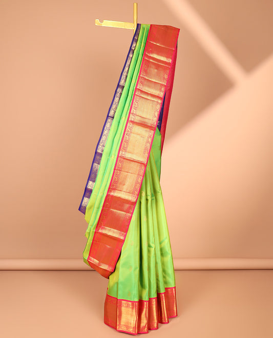 Green zari buttas silksaree,contrast jaal pallu & ganga jamuna border of rekku,mayil,yaanai & kuthirai