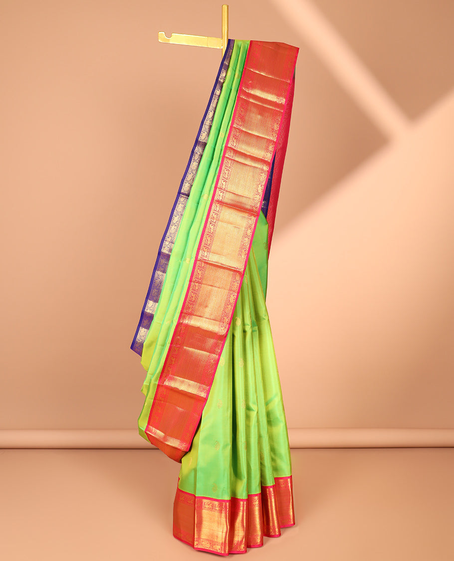 Green zari buttas silksaree,contrast jaal pallu & ganga jamuna border of rekku,mayil,yaanai & kuthirai