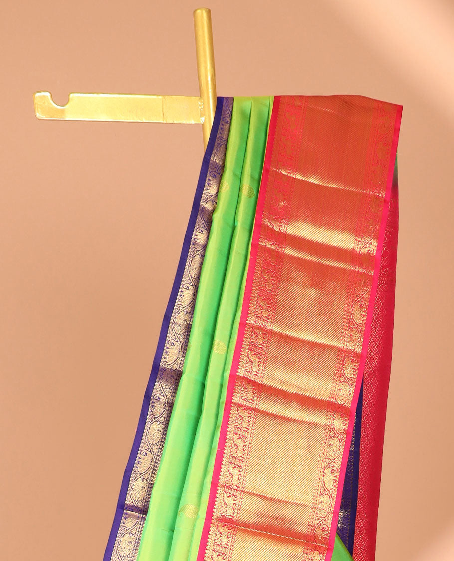 Green zari buttas silksaree,contrast jaal pallu & ganga jamuna border of rekku,mayil,yaanai & kuthirai