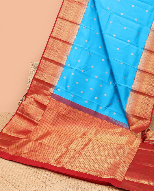 Blue zari buttas silk saree, contrast traditional zari design steeped border & intricate jaal pallu 