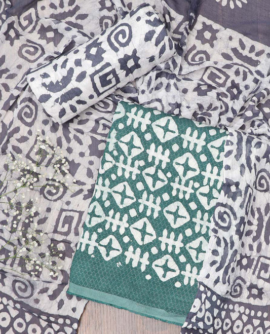 Green material chudidhar set, batik printed cotton top, batik printed contrast bottom & dupatta