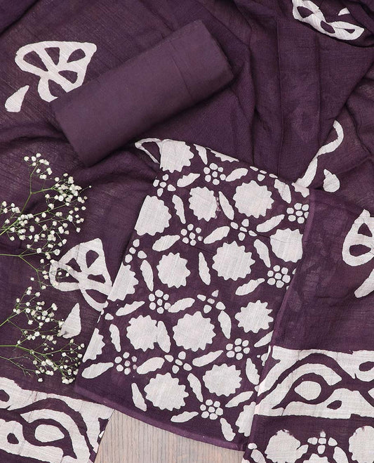 Brown material chudidhar set, batik printed cotton top, plain bottom & batik printed dupatta