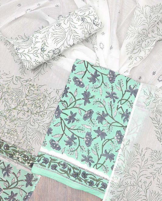 Green material chudidhar set, floral printed cotton saree, contrast vine printed bottom & floral printed dupatta