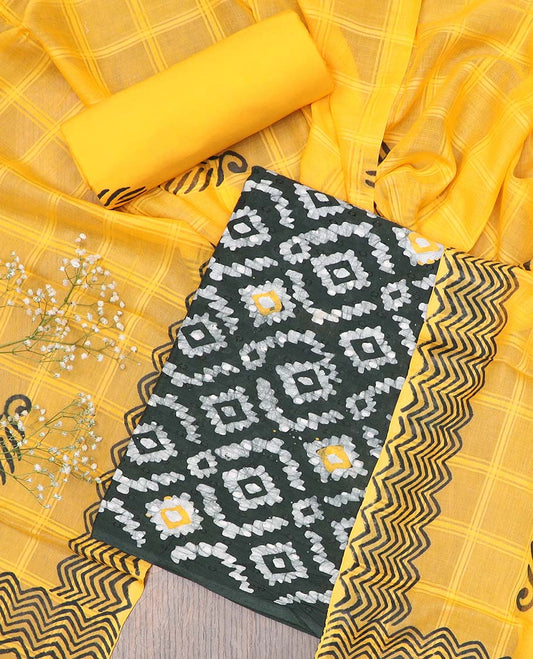 Green material chudidhar set, batik printed cotton top, contrast plain bottom & checked dupatta