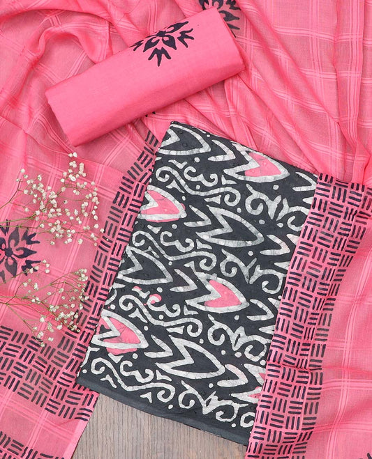 Pink material chudidhar set, batik printed cotton top, contrast batik printed bottom & dupatta