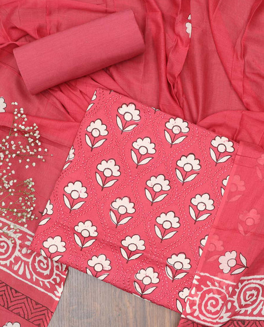 Pink material chudidhar set, floral motifs printed top, plain bottom & floral printed dupatta