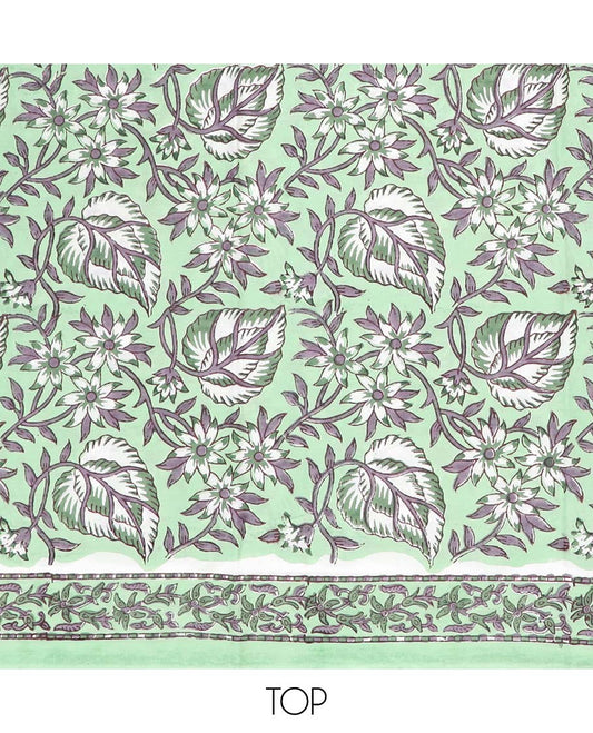 Green material chudidhar set, floral printed cotton saree, contrast vine printed bottom & floral printed dupatta