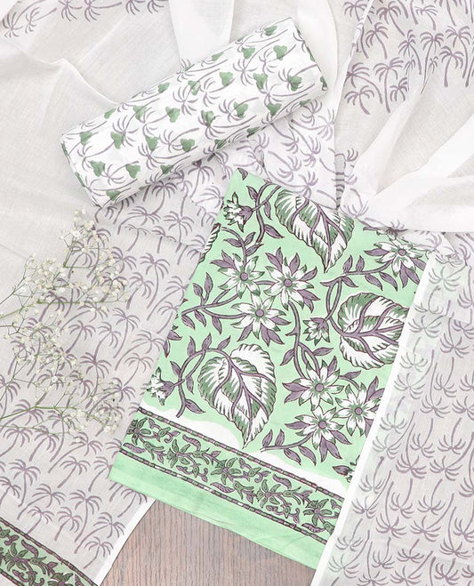 Green material chudidhar set, floral printed cotton saree, contrast vine printed bottom & floral printed dupatta