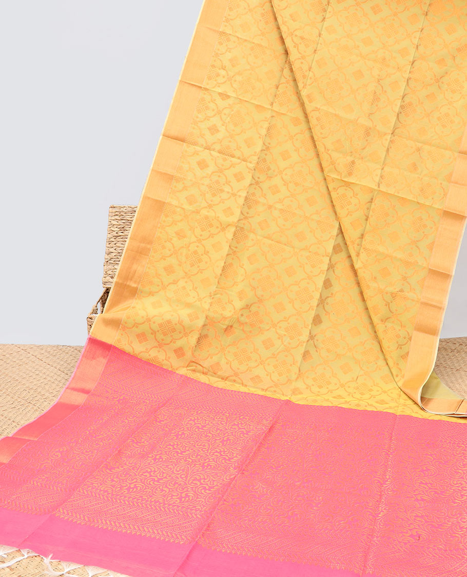 Yellow jaal jacquard semi-silk cotton saree, zari border & contrast floral design pallu