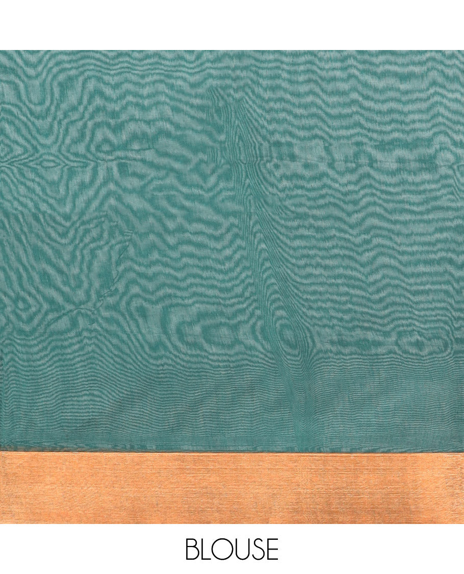Green zari buttas semi-silk cotton saree, temple border & diagonal striped pallu