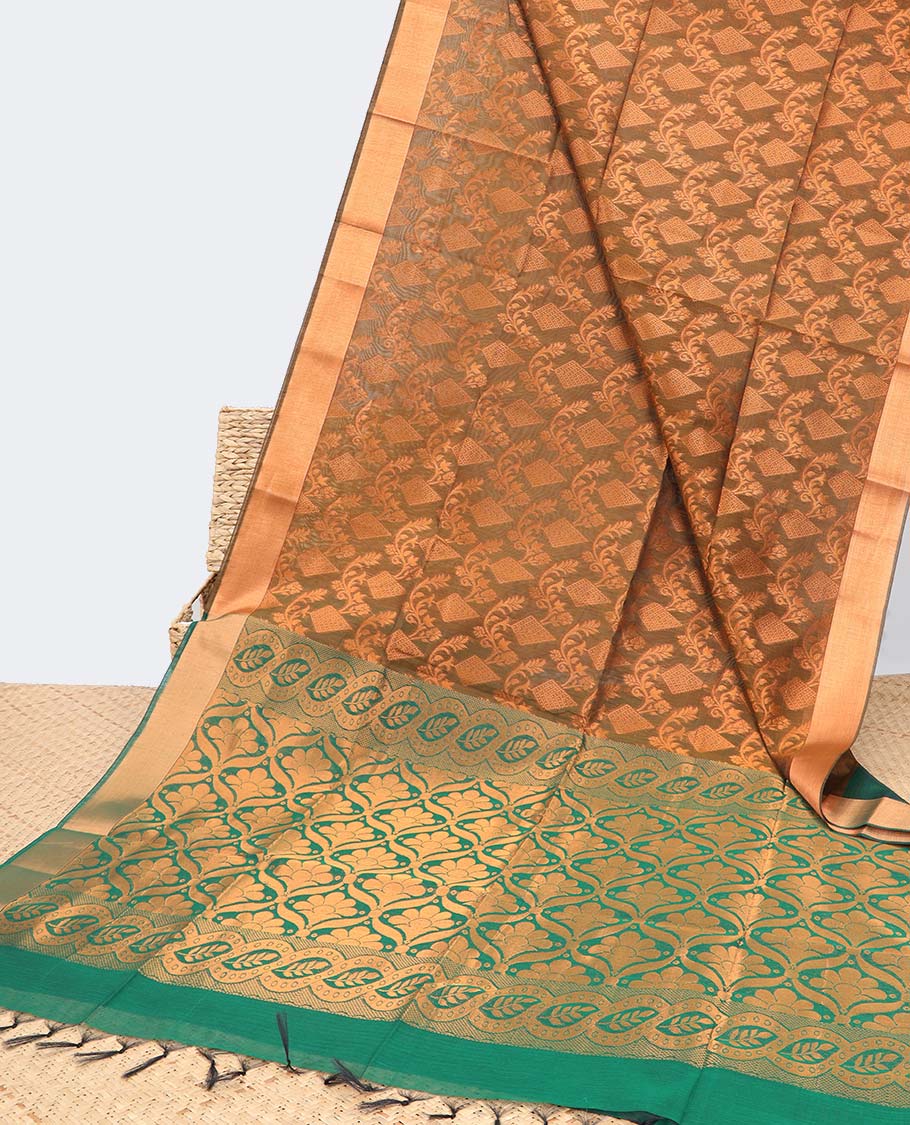 Brown jacquard semi-silk cotton saree, zari border & contrast ogee patterned pallu
