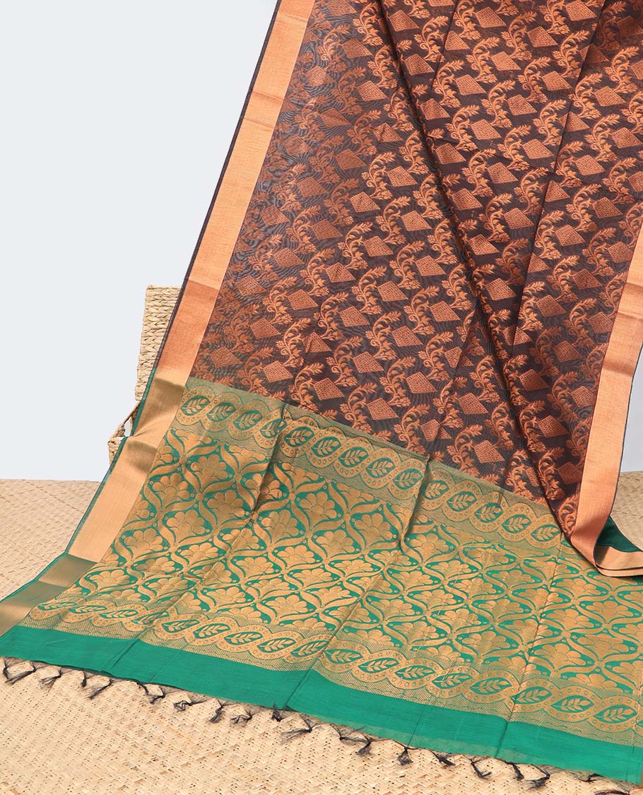 Brown jacquard semi-silk cotton saree, zari border & contrast ogee patterned pallu