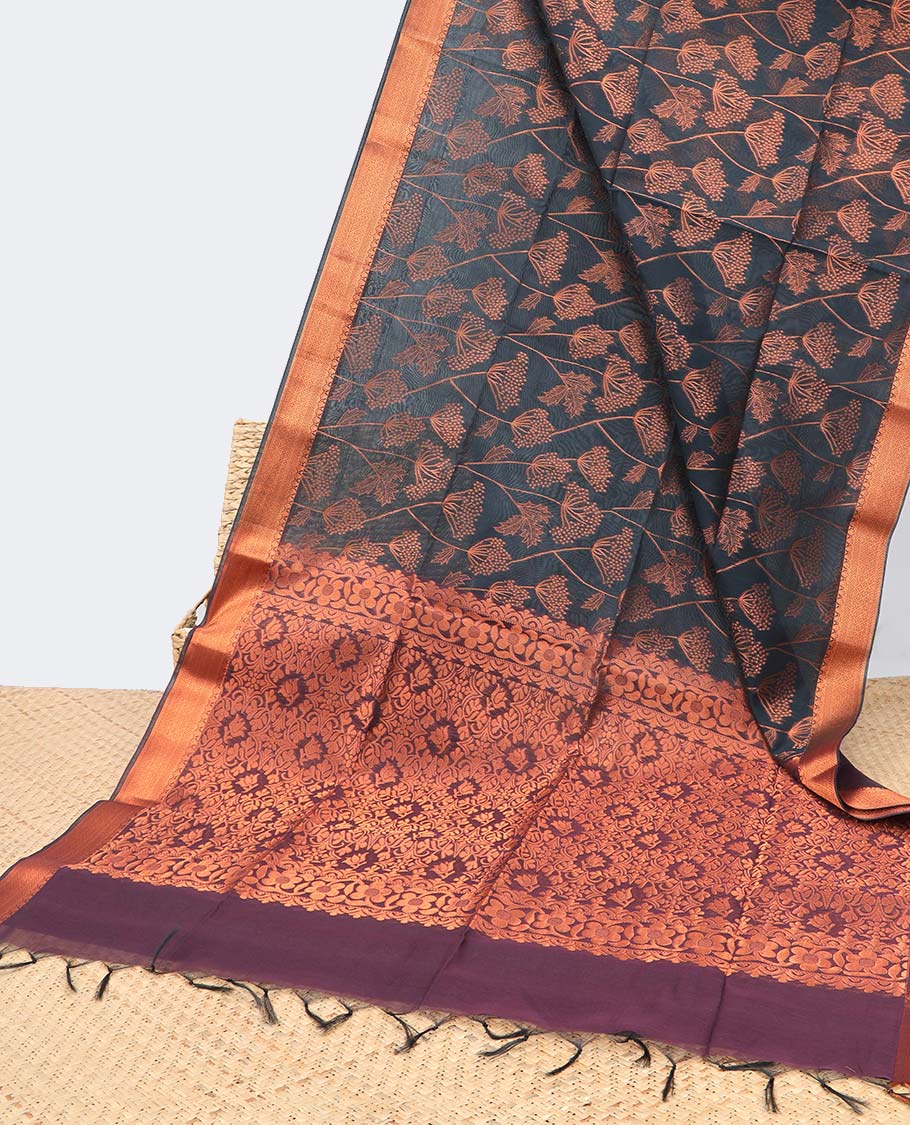 Black jacquard semi-silk cotton saree, zari border & contrast intricate pallu
