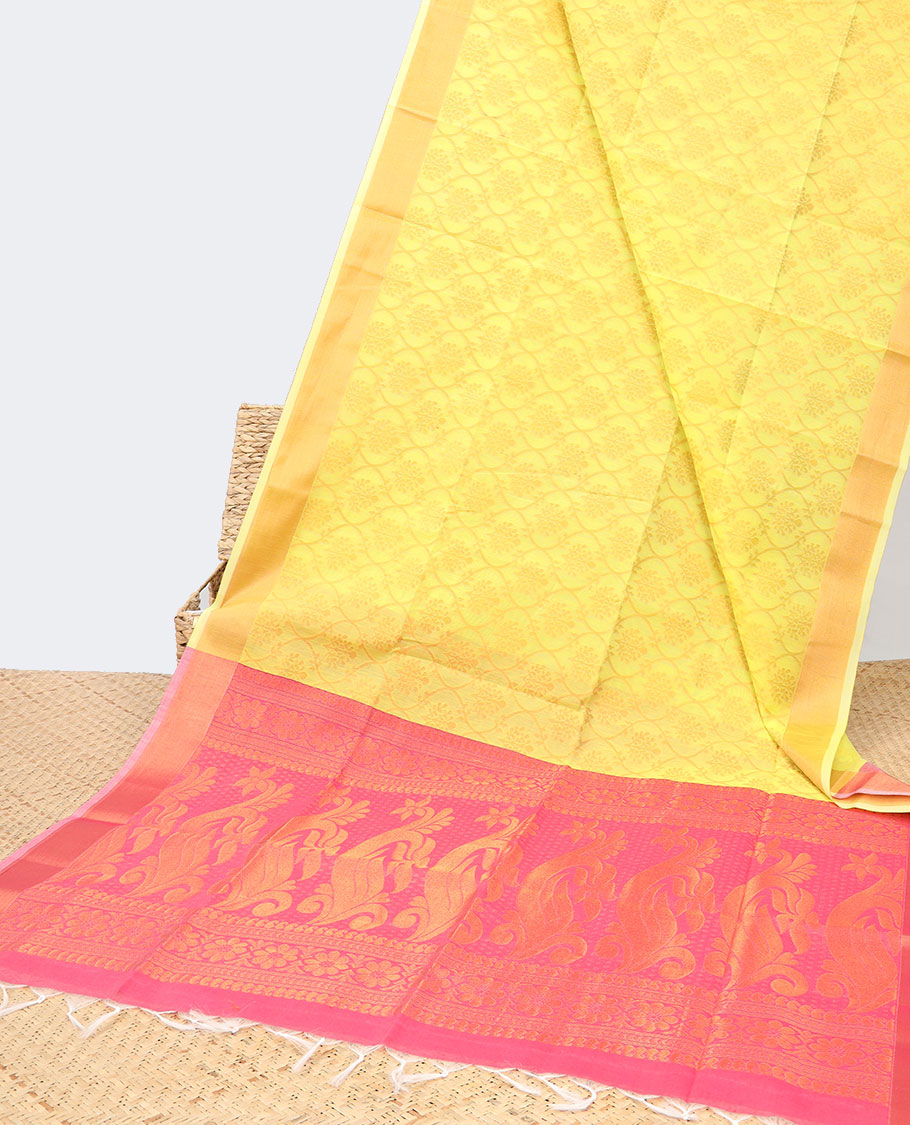 Yellow ogee jacquard semi-silk cotton saree, traditional zari border & contrast paisley design pallu