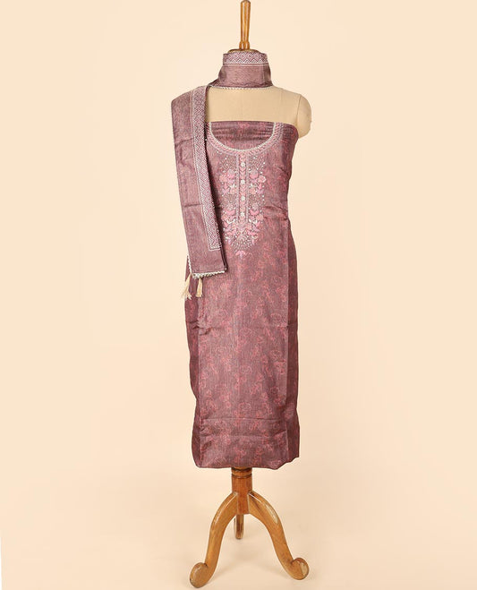 Brown material chudidhar set, print & embroidered top, plain bottom & floral printed dupatta