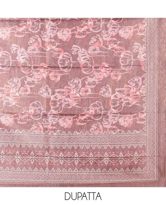 Brown material chudidhar set, print & embroidered top, plain bottom & floral printed dupatta