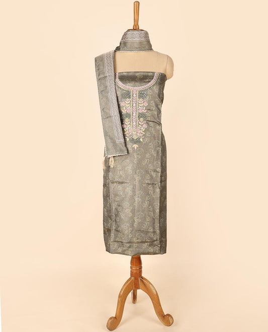 Green material chudidhar set, print & embroidered top, plain bottom & floral printed dupatta