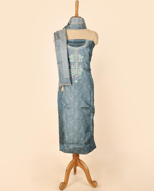 Blue material chudidhar set, print & embroidered top, plain bottom & floral printed dupatta