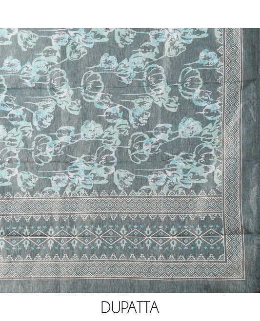 Blue material chudidhar set, print & embroidered top, plain bottom & floral printed dupatta