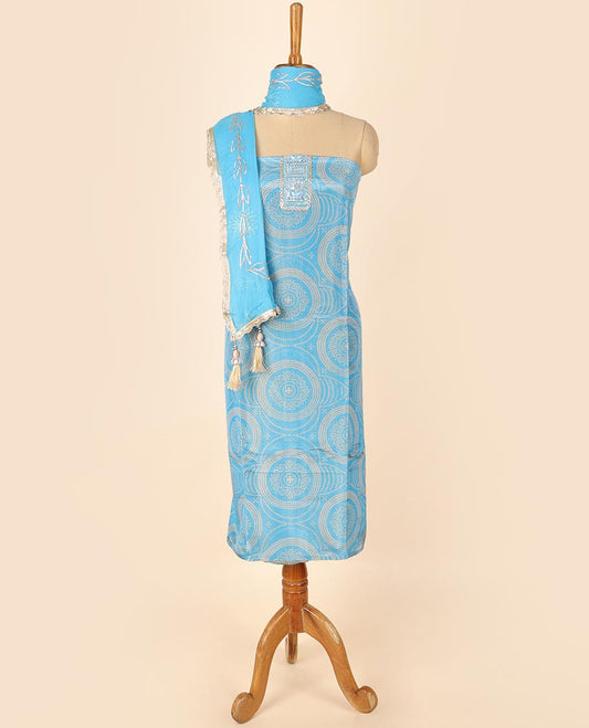 Blue material chudidhar set, bandhani printed top, plain bottom & embroidered dupatta