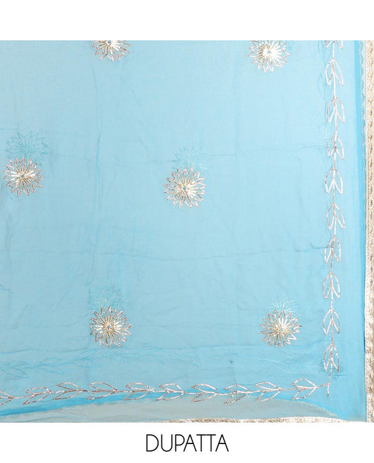 Blue material chudidhar set, bandhani printed top, plain bottom & embroidered dupatta