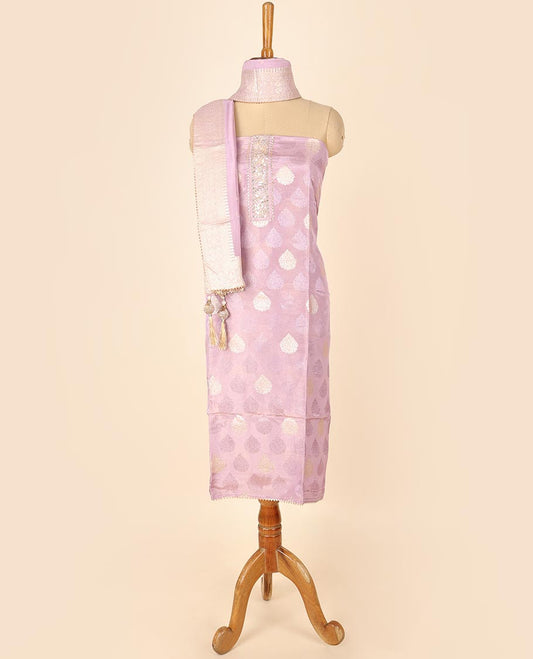 Pink material chudidhar set, buttas & embroidered top, plain bottom & zari buttas dupatta