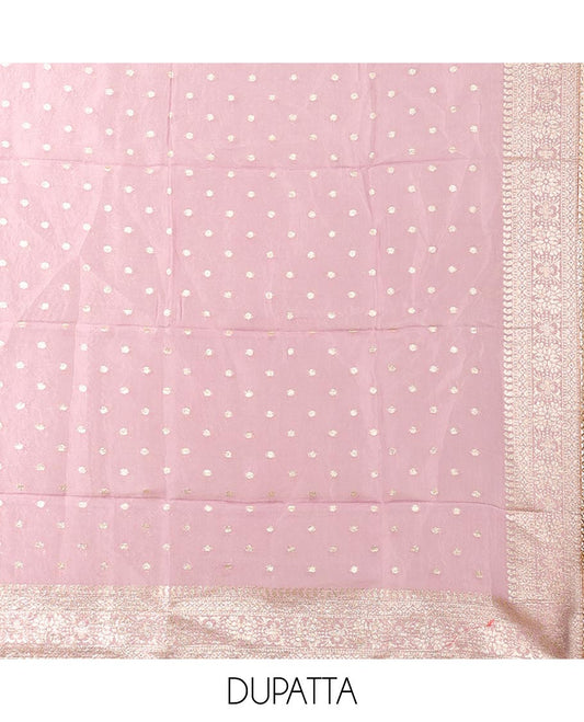 Pink material chudidhar set, buttas & embroidered top, plain bottom & zari buttas dupatta