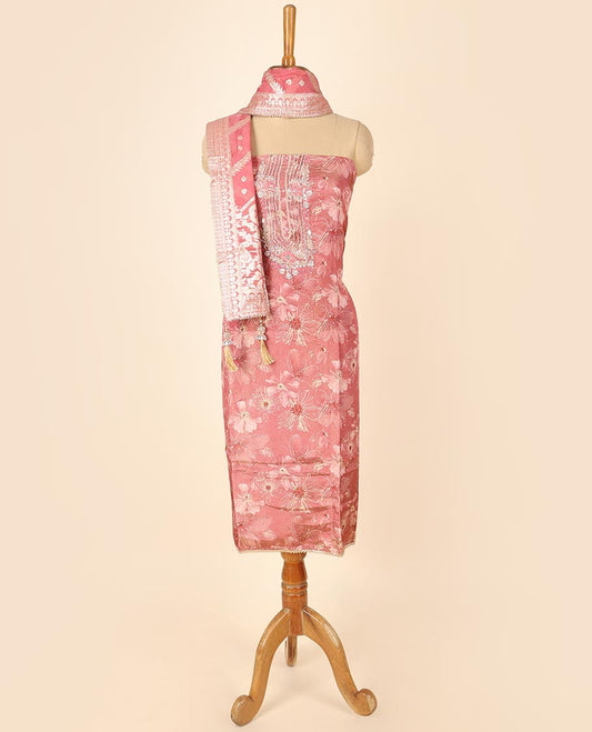 Peach material chudidhar set, floral design & embroidered top,  plain bottom & jacquard dupatta 