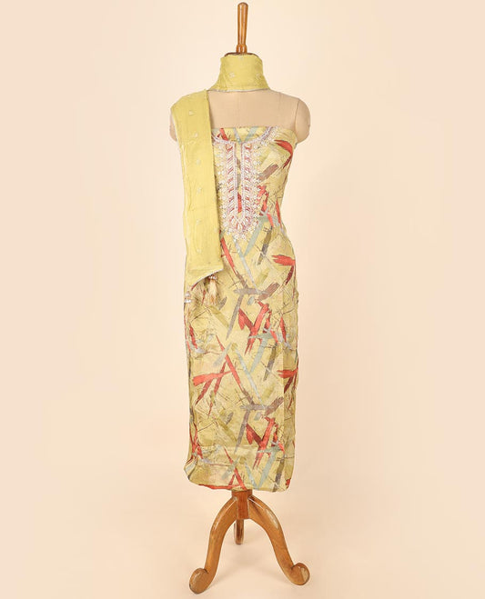 Yellow material chudidhar set, abstract print & embroidered top, plain bottom & embroidered dupatta