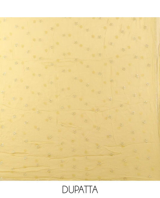 Yellow material chudidhar set, abstract print & embroidered top, plain bottom & embroidered dupatta