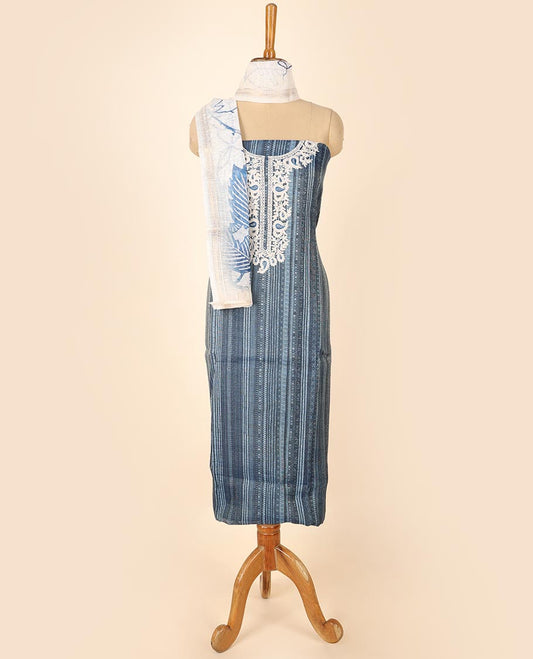 Blue material chudidhar set, geometric print & embroidered top, plain bottom & floral printed dupatta