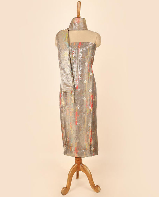 Brown material chudidhar set, abstract print &  embroidered top, plain bottom & floral printed dupatta