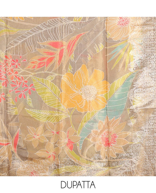 Brown material chudidhar set, abstract print &  embroidered top, plain bottom & floral printed dupatta