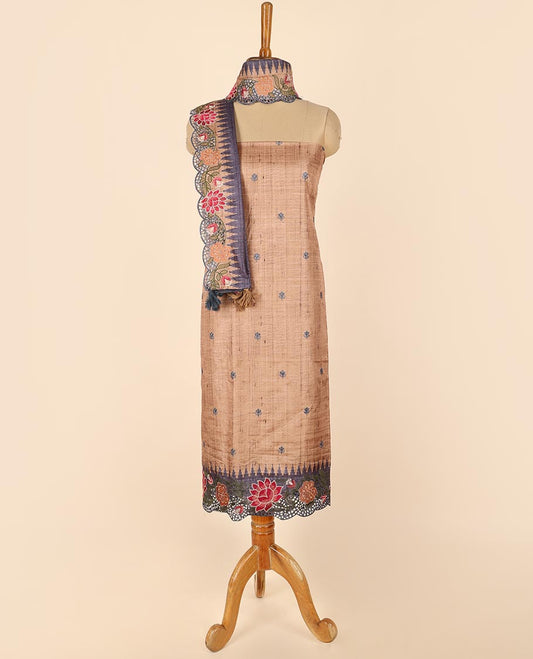 Sandal material chudidhar set, floral buttas top, plain bottom & scallop embroidered dupatta