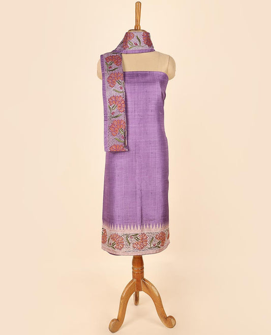 Purple material chudidhar set, cut floral creeper embroidered top, floral vine printed & cut floral embroidered dupatta